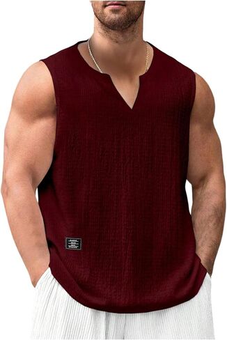 OYOANGLE Men's Letter Patched Sleeveless Tank Top Notched Neck Street Shirt Textured Tops in Kuwait