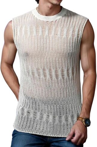 Men Pointelle Design Knit Top, Plain Sleeveless Round Neck Tanks, Men's Tops. in Saudi Arabia
