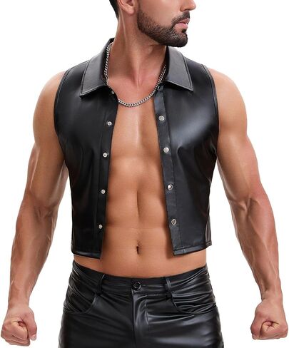 Shiny Metallic Leather Cropped Shirt Men Soft Stretch Lapel Cami-Tops Button Up Collared Tanks Slim Fitted in Kuwait
