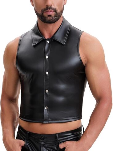 Shiny Metallic Leather Cropped Shirt Men Soft Stretch Lapel Cami-Tops Button Up Collared Tanks Slim Fitted in Kuwait