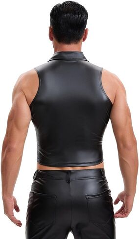 Shiny Metallic Leather Cropped Shirt Men Soft Stretch Lapel Cami-Tops Button Up Collared Tanks Slim Fitted in Kuwait