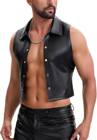 Shiny Metallic Leather Cropped Shirt Men Soft Stretch Lapel Cami-Tops Button Up Collared Tanks Slim Fitted in Kuwait