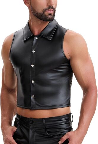 Shiny Metallic Leather Cropped Shirt Men Soft Stretch Lapel Cami-Tops Button Up Collared Tanks Slim Fitted in Kuwait