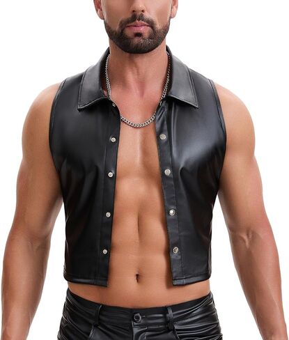 Shiny Metallic Leather Cropped Shirt Men Soft Stretch Lapel Cami-Tops Button Up Collared Tanks Slim Fitted in Kuwait