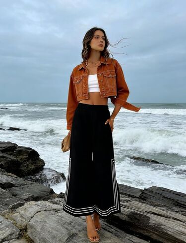 Hongsui Women's Elastic Waist Wide Leg Pants Color Block Striped Palazzo Pants Y2K Baggy Pants with Pockets in Saudi Arabia