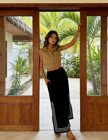 Hongsui Women's Elastic Waist Wide Leg Pants Color Block Striped Palazzo Pants Y2K Baggy Pants with Pockets in Saudi Arabia