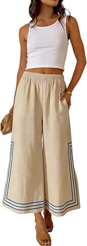 Hongsui Women's Elastic Waist Wide Leg Pants Color Block Striped Palazzo Pants Y2K Baggy Pants with Pockets in Saudi Arabia
