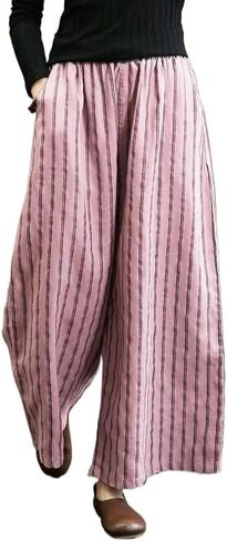 Women's Retro Striped Floral Printed Cotton Linen Wide Leg Pants, Loose Cropped Pants, Beach Straight Leg Pants in Saudi Arabia