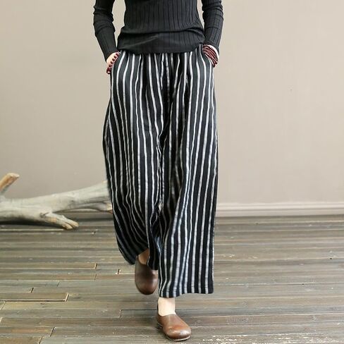 Women's Retro Striped Floral Printed Cotton Linen Wide Leg Pants, Loose Cropped Pants, Beach Straight Leg Pants in Saudi Arabia