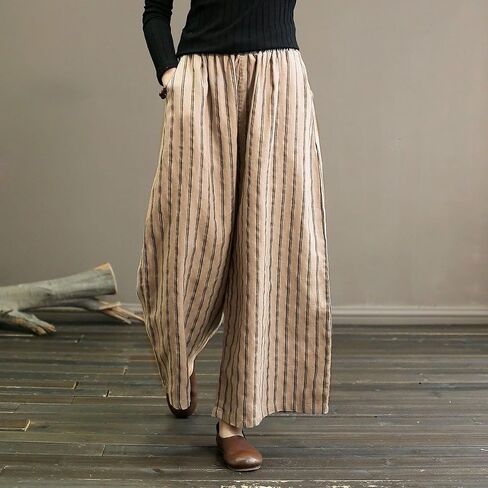 Women's Retro Striped Floral Printed Cotton Linen Wide Leg Pants, Loose Cropped Pants, Beach Straight Leg Pants in Saudi Arabia