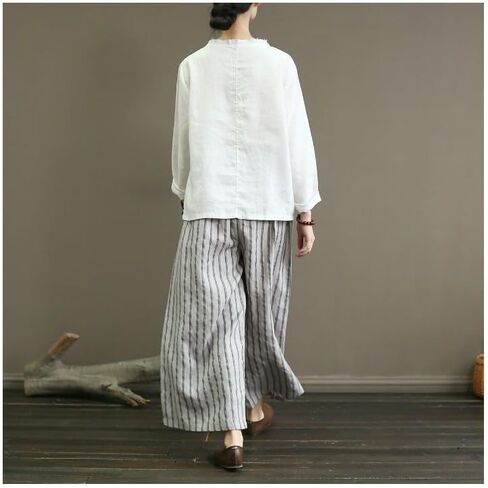 Women's Retro Striped Floral Printed Cotton Linen Wide Leg Pants, Loose Cropped Pants, Beach Straight Leg Pants in Saudi Arabia