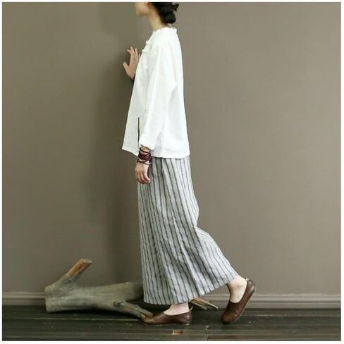 Women's Retro Striped Floral Printed Cotton Linen Wide Leg Pants, Loose Cropped Pants, Beach Straight Leg Pants in Saudi Arabia
