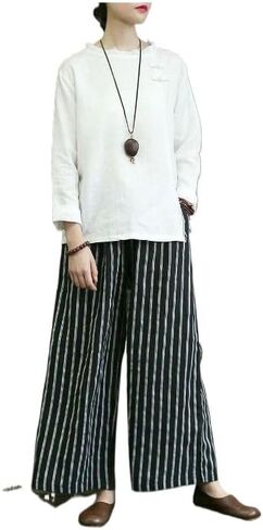 Women's Retro Striped Floral Printed Cotton Linen Wide Leg Pants, Loose Cropped Pants, Beach Straight Leg Pants in Kuwait