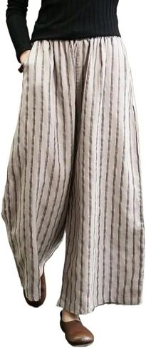 Women's Retro Striped Floral Printed Cotton Linen Wide Leg Pants, Loose Cropped Pants, Beach Straight Leg Pants in Saudi Arabia