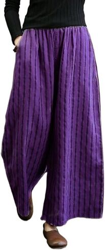 Women's Retro Striped Floral Printed Cotton Linen Wide Leg Pants, Loose Cropped Pants, Beach Straight Leg Pants in Saudi Arabia