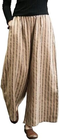 Women's Retro Striped Floral Printed Cotton Linen Wide Leg Pants, Loose Cropped Pants, Beach Straight Leg Pants in Saudi Arabia