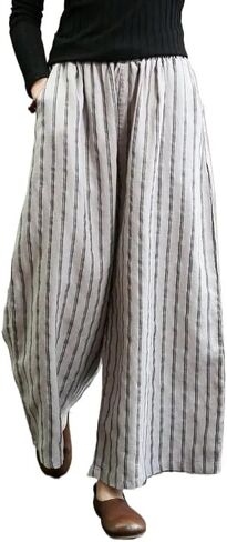 Women's Retro Striped Floral Printed Cotton Linen Wide Leg Pants, Loose Cropped Pants, Beach Straight Leg Pants in Saudi Arabia
