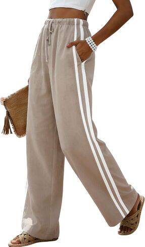 MINSURE Womens Linen Palazzo Pants Summer Wide Leg High Waist Side Striped Casual Flowy Beach Trousers with Pockets in Saudi Arabia