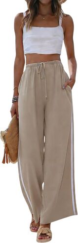 MINSURE Womens Linen Palazzo Pants Summer Wide Leg High Waist Side Striped Casual Flowy Beach Trousers with Pockets in Saudi Arabia