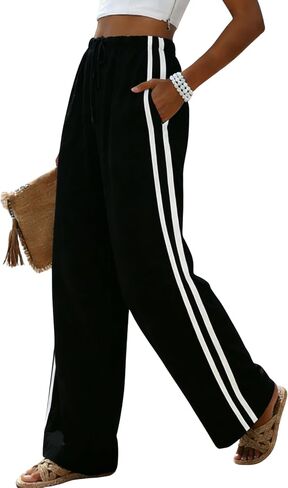MINSURE Womens Linen Palazzo Pants Summer Wide Leg High Waist Side Striped Casual Flowy Beach Trousers with Pockets in Saudi Arabia