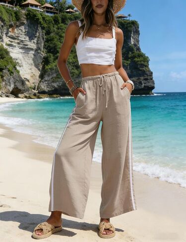 MINSURE Womens Linen Palazzo Pants Summer Wide Leg High Waist Side Striped Casual Flowy Beach Trousers with Pockets in Saudi Arabia
