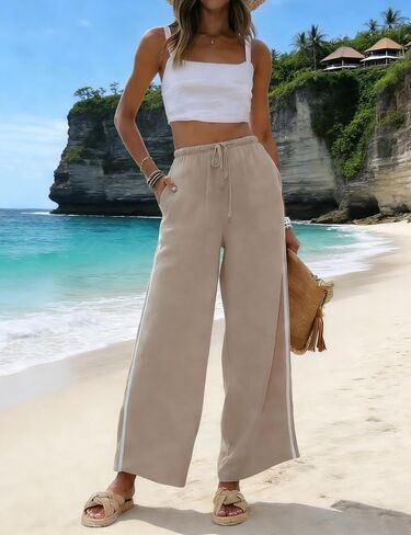 MINSURE Womens Linen Palazzo Pants Summer Wide Leg High Waist Side Striped Casual Flowy Beach Trousers with Pockets in Saudi Arabia