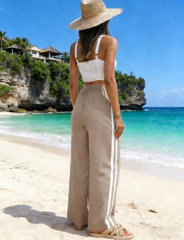 MINSURE Womens Linen Palazzo Pants Summer Wide Leg High Waist Side Striped Casual Flowy Beach Trousers with Pockets in Saudi Arabia