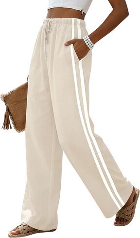 MINSURE Womens Linen Palazzo Pants Summer Wide Leg High Waist Side Striped Casual Flowy Beach Trousers with Pockets in Saudi Arabia
