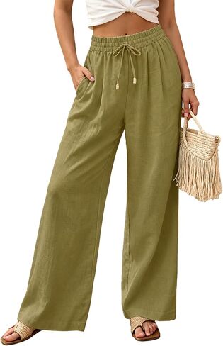 Womens Linen Pants with Pockets High Waisted Linen Drawstring Pants Wide Leg Petite Palazzo Pants Casual Summer in Saudi Arabia