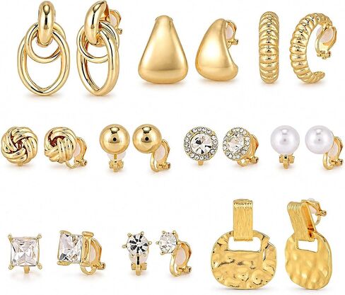 Mikovivi 10 Pairs Gold-Tone Clip On Earrings for Women, Non Pierced No Piercing Ear Clips with Knot CZ & Pearl Twist Design Chunky Hoop Studs Clip Earrings for Women Daily Work or Party Jewelry Gift in Kuwait