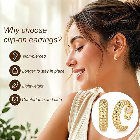 Mikovivi 10 Pairs Gold-Tone Clip On Earrings for Women, Non Pierced No Piercing Ear Clips with Knot CZ & Pearl Twist Design Chunky Hoop Studs Clip Earrings for Women Daily Work or Party Jewelry Gift in Kuwait