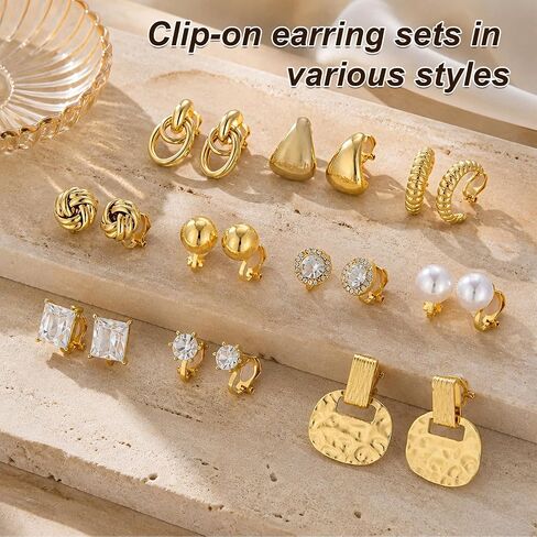 Mikovivi 10 Pairs Gold-Tone Clip On Earrings for Women, Non Pierced No Piercing Ear Clips with Knot CZ & Pearl Twist Design Chunky Hoop Studs Clip Earrings for Women Daily Work or Party Jewelry Gift in Kuwait
