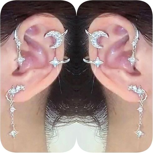 Women's Ear Cuff Earrings Silver Moon Star Clip On Earrings Ear Wrap Rhinestone Non Pierced Earrings Wizard in Saudi Arabia