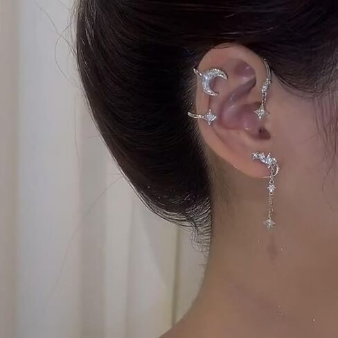 Women's Ear Cuff Earrings Silver Moon Star Clip On Earrings Ear Wrap Rhinestone Non Pierced Earrings Wizard in Saudi Arabia