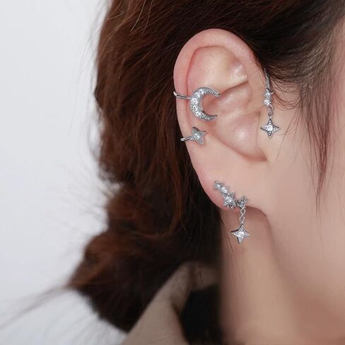 Women's Ear Cuff Earrings Silver Moon Star Clip On Earrings Ear Wrap Rhinestone Non Pierced Earrings Wizard in Saudi Arabia