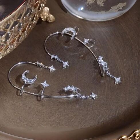 Women's Ear Cuff Earrings Silver Moon Star Clip On Earrings Ear Wrap Rhinestone Non Pierced Earrings Wizard in Saudi Arabia