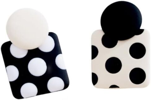 Women 70s 80s Black White Polka Dot Metal Square Clip-on Earrings Simple Geometry Spots Dangle Earrings in Kuwait