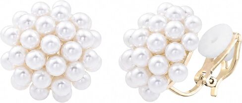 Simulated Pearl Flower-Cluster Shape Clip On Stud Earrings Non Pierced Gold Tone Trendy Stack Small Hoop for Women in Kuwait
