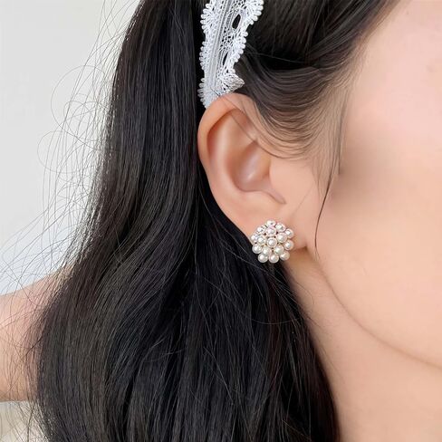 Simulated Pearl Flower-Cluster Shape Clip On Stud Earrings Non Pierced Gold Tone Trendy Stack Small Hoop for Women in Kuwait