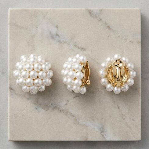 Simulated Pearl Flower-Cluster Shape Clip On Stud Earrings Non Pierced Gold Tone Trendy Stack Small Hoop for Women in Kuwait
