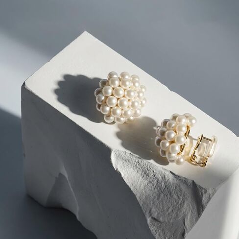 Simulated Pearl Flower-Cluster Shape Clip On Stud Earrings Non Pierced Gold Tone Trendy Stack Small Hoop for Women in Kuwait