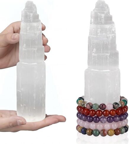 RattanView Large Selenite Tower 8'' Selenite Bracelet Holder Display Organizer Stand Healing Cleansing Recharging Home Decor in Kuwait