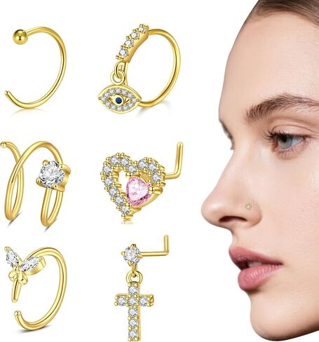 AceFun Gold Silver Nose Ring Studs 20G Nose Rings Hoops Stud Stainless Steel Star Nose Rings Round CZ Heart Butterfly L Shaped Nose Stud Hypoallergenic Nostril Piercing Jewelry for Women Men 9Pcs in Saudi Arabia
