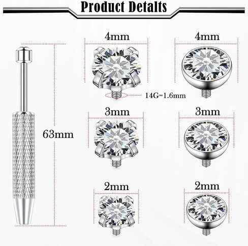 14G CZ Dermal Tops 316L Surgical Steel Internally Threaded Cubic Zirconia Silver Dermal Anchor Tops Dermal Piercing Dermal Kit Piercing Jewelry CZ Size 2mm 3mm 4mm in Saudi Arabia