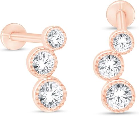 14K Solid Gold Graduated Three Stone Simulated Diamond Ear Crawler Stud Earring Flat Back Cartilage Earring CZ Stud Screw Back Upper Earlobe Tragus Helix Piercing Jewelry Nose Ring SINGLE STUD or PAIR in Saudi Arabia