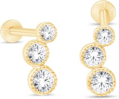 14K Solid Gold Graduated Three Stone Simulated Diamond Ear Crawler Stud Earring Flat Back Cartilage Earring CZ Stud Screw Back Upper Earlobe Tragus Helix Piercing Jewelry Nose Ring SINGLE STUD or PAIR in Saudi Arabia