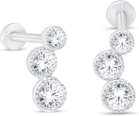14K Solid Gold Graduated Three Stone Simulated Diamond Ear Crawler Stud Earring Flat Back Cartilage Earring CZ Stud Screw Back Upper Earlobe Tragus Helix Piercing Jewelry Nose Ring SINGLE STUD or PAIR in Saudi Arabia
