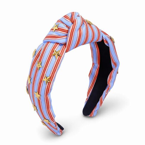 Patriotic Knotted Headband for Women Crafted Red Blue Striped Top Knot Headband with Gold Star Embellishments Wide Hairband for Independence DayParty in Saudi Arabia