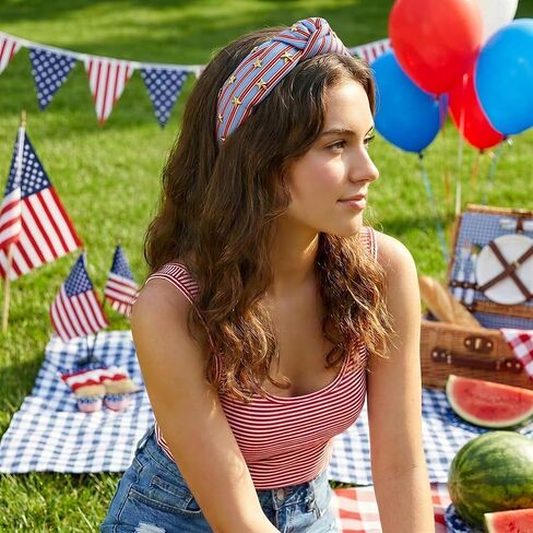 Patriotic Knotted Headband for Women Crafted Red Blue Striped Top Knot Headband with Gold Star Embellishments Wide Hairband for Independence DayParty in Saudi Arabia