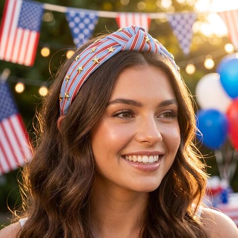 Patriotic Knotted Headband for Women Crafted Red Blue Striped Top Knot Headband with Gold Star Embellishments Wide Hairband for Independence DayParty in Saudi Arabia